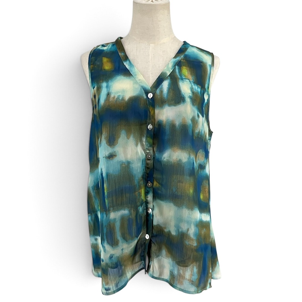 db established 1962 Blue Watercolor Abstract Button Down Sleeveless Blouse L